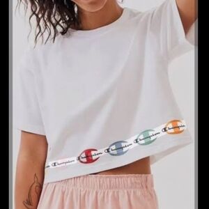 Champion Cropped White Tee with Colored Logo Trim